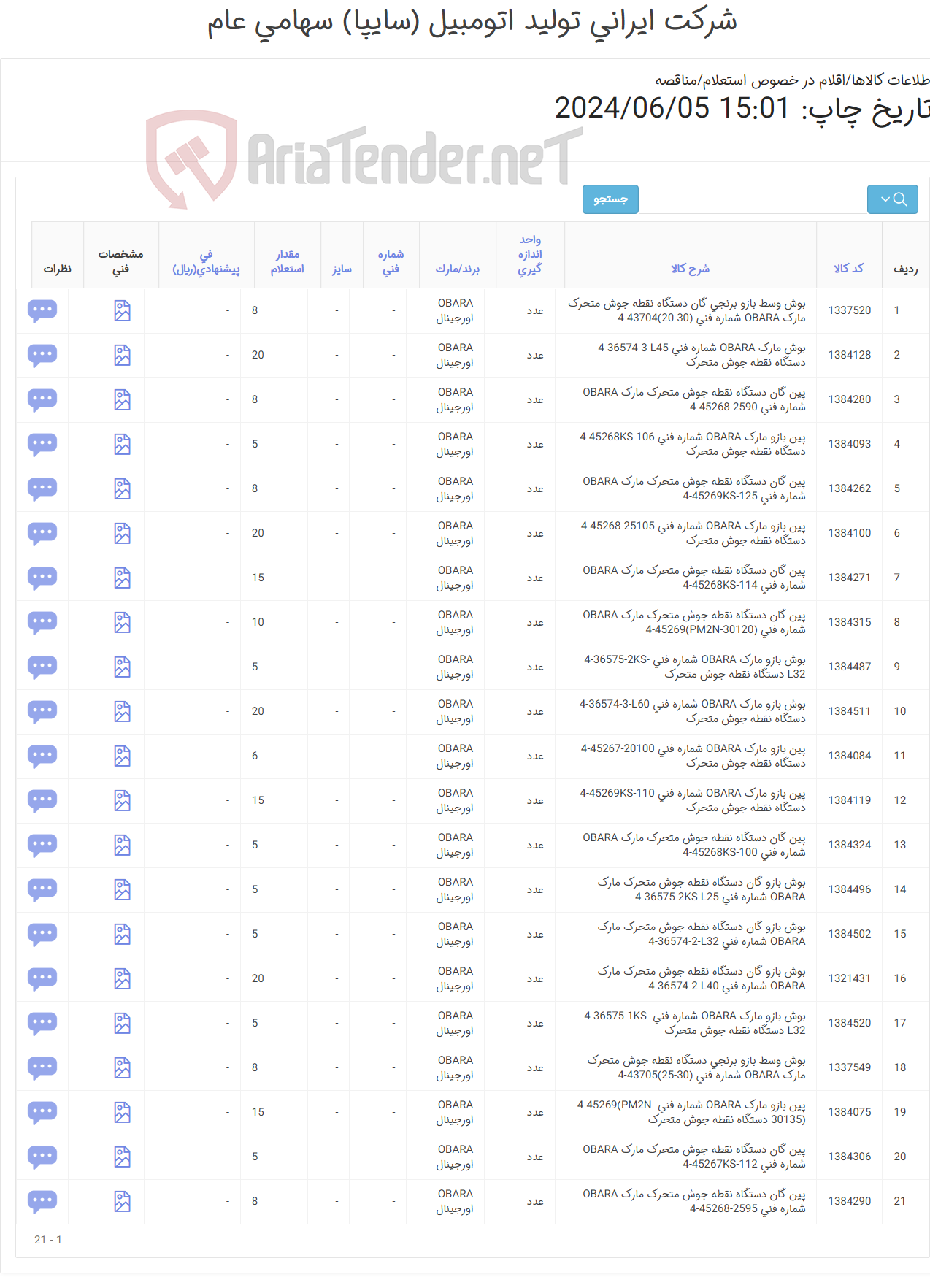 تصویر کوچک آگهی تامین بیست ویک ردیف بوش ‎بازو‏ ‎گان و پین ‎بازو