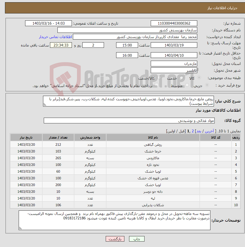 تصویر کوچک آگهی نیاز انتخاب تامین کننده-روغن مایع،خرما،ماکارونی،نخود،لوبیا، عدس،لوبیاچیتی،جوپوست کنده،لپه، شکلات،رب، پنیر،شکر،قند(برابر با شرایط پیوست)