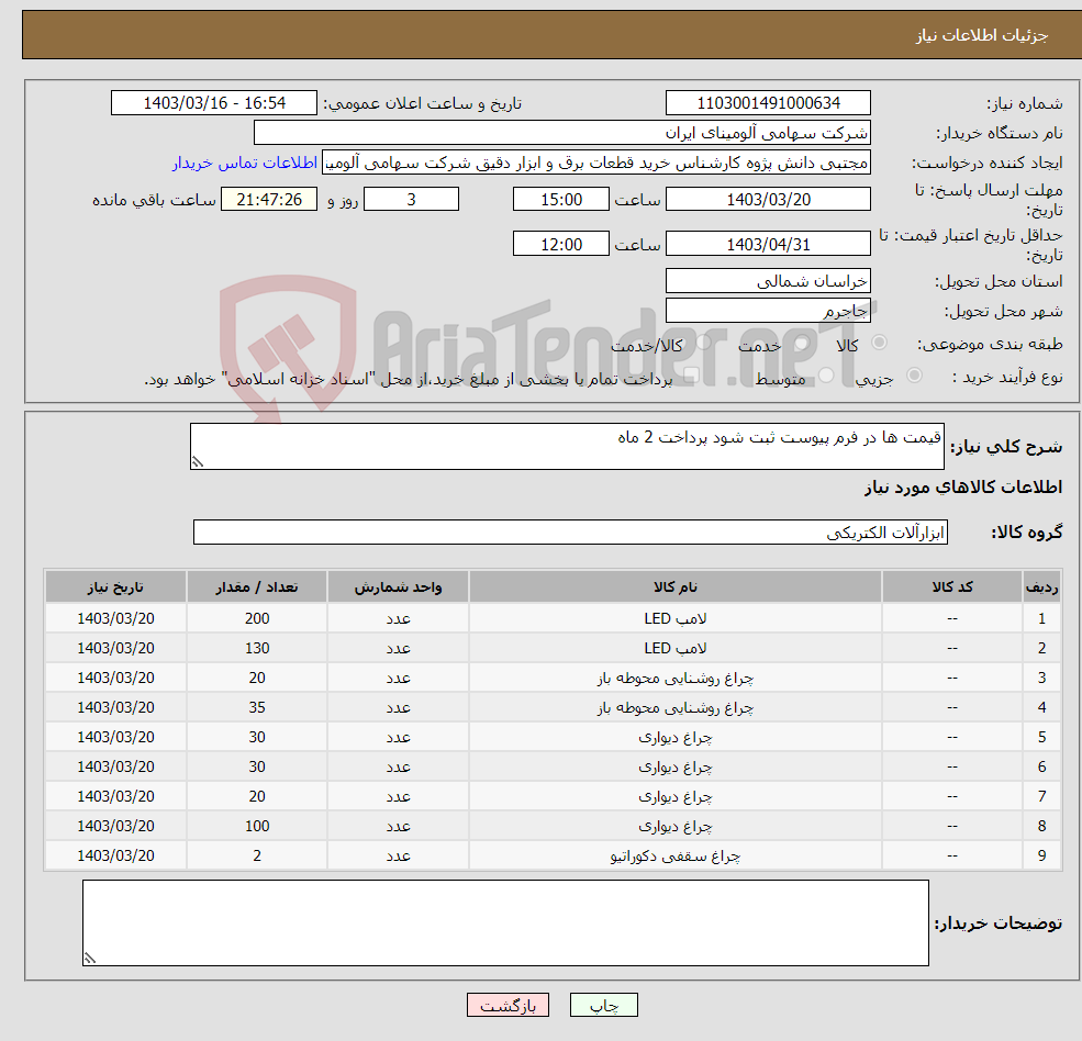 تصویر کوچک آگهی نیاز انتخاب تامین کننده-قیمت ها در فرم پیوست ثبت شود پرداخت 2 ماه