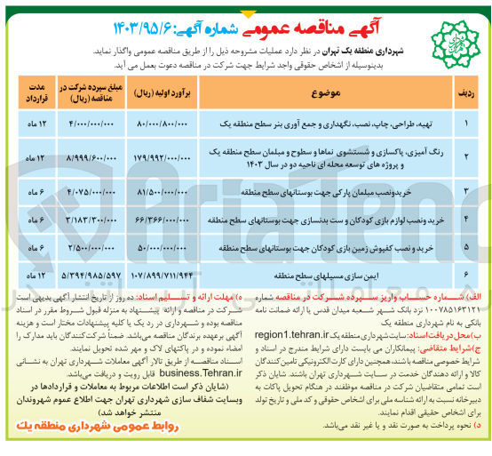 تصویر کوچک آگهی رنگ آمیزی پاکسازی و شستشوی نماها و سطوح و مبلمان سطح منطقه یک و پروژه های توسعه محله ای ناحیه دو در سال 1403