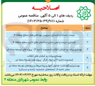 تصویر کوچک آگهی 1- مرمت، احداث و بازسازی سرویس بهداشتی های سطح منطقه ۷
2- بازسازی مرمت و ایمن سازی ساختمانهای اداری سطح منطقه ۷
3- بهسازی پیاده رو خیابان انقلاب (محدوده ناحیه ۲) پروژه های توسعه محله ای
4- بهسازی پیاده رو خیابان های انقلاب (محدوده ناحیه ۳) و جواد کارگر پروژه های توسعه محله ای
5- بهسازی و نگهداشت ،جداول انهار و پیاده روها و پروژه های توسعه محله ای معابر ناحیه ۵ (محله های حشمتیه ارامنه و دبستان)