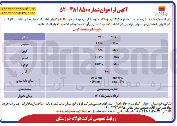 تصویر کوچک آگهی خریداری مقدار 2،300 تن فرومنگنز متوسط کربن