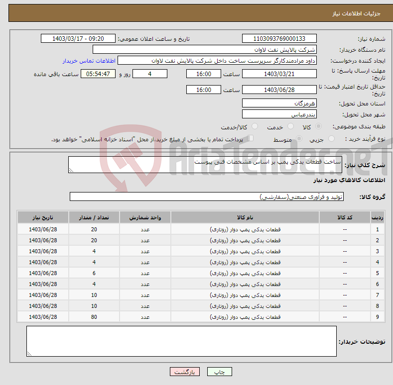 تصویر کوچک آگهی نیاز انتخاب تامین کننده-ساخت قطعات یدکی پمپ بر اساس مشخصات فنی پیوست