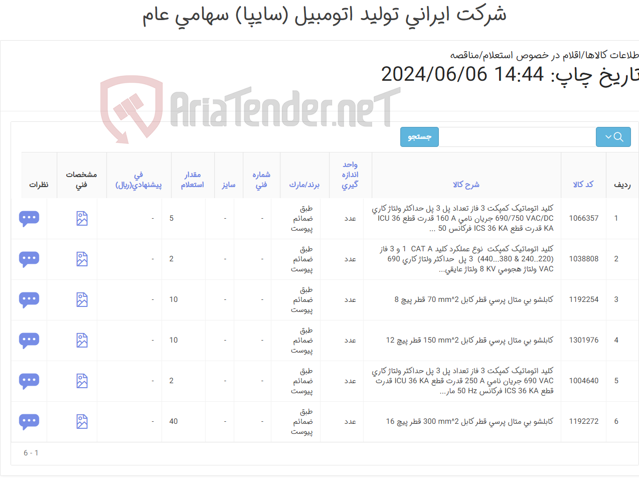 تصویر کوچک آگهی 6آیتم کلید اتوماتیک و کابلشو(طبق ضمائم پیوست)