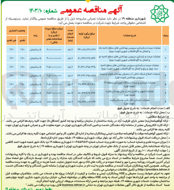 تصویر کوچک آگهی عملیات بازسازی و مرمت درمانگاه شهرداری منطقه 19 