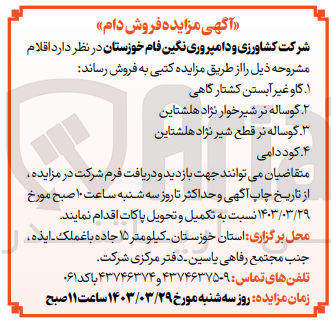 تصویر کوچک آگهی فروش اقلام زیر :
1- گاو غیر آبستن کشتارگاهی
2- گوساله نر شیر خوار نژاد هلشتاین
3- گوساله نر قطع شیر نژاد هلشتاین
4- کود دامی