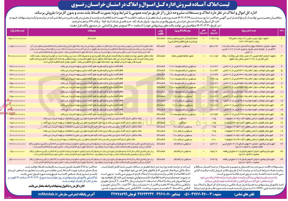 تصویر کوچک آگهی فروش املاک و مستغلات در 24 ردیف با کاربری مسکونی ، فرهنگی، تجاری