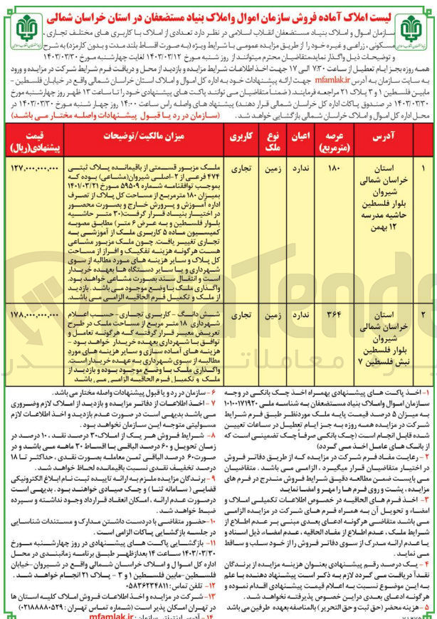 تصویر کوچک آگهی فروش تعدادی از املاک با کاربری تجاری -مسکونی -زراعی و غیره 