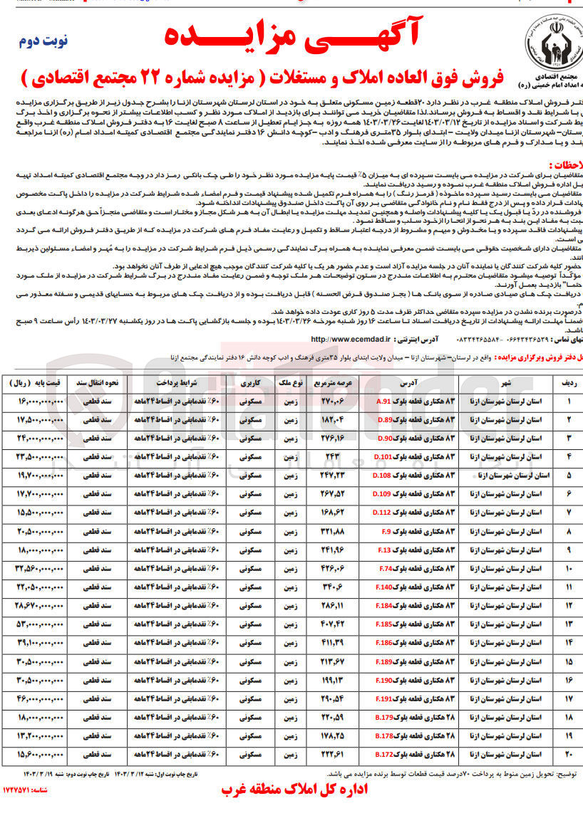 تصویر کوچک آگهی فروش تعداد 20 قطعه زمین مسکونی 