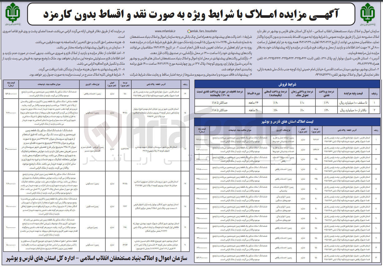 تصویر کوچک آگهی واگذاری املاک در 20 ردیف با کاربری مسکونی زمین خدمات رفاهی ورزشی و...