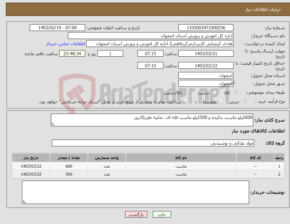 تصویر کوچک آگهی نیاز انتخاب تامین کننده-600کیلو ماست چکیده و 500کیلو ماست فله ای. تخلیه طی10روز.