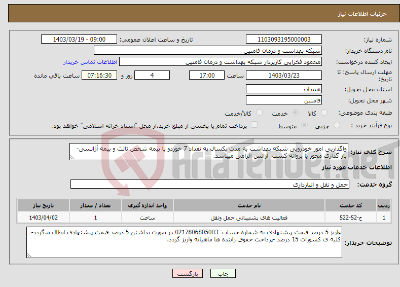 تصویر کوچک آگهی نیاز انتخاب تامین کننده-واگذاریی امور خودرویی شبکه بهداشت به مدت یکسال به تعداد 7 خوردو با بیمه شخص ثالث و بیمه آژانسی-بار گذاری مجوز یا پروانه کسب آژانس الزامی میباشد.