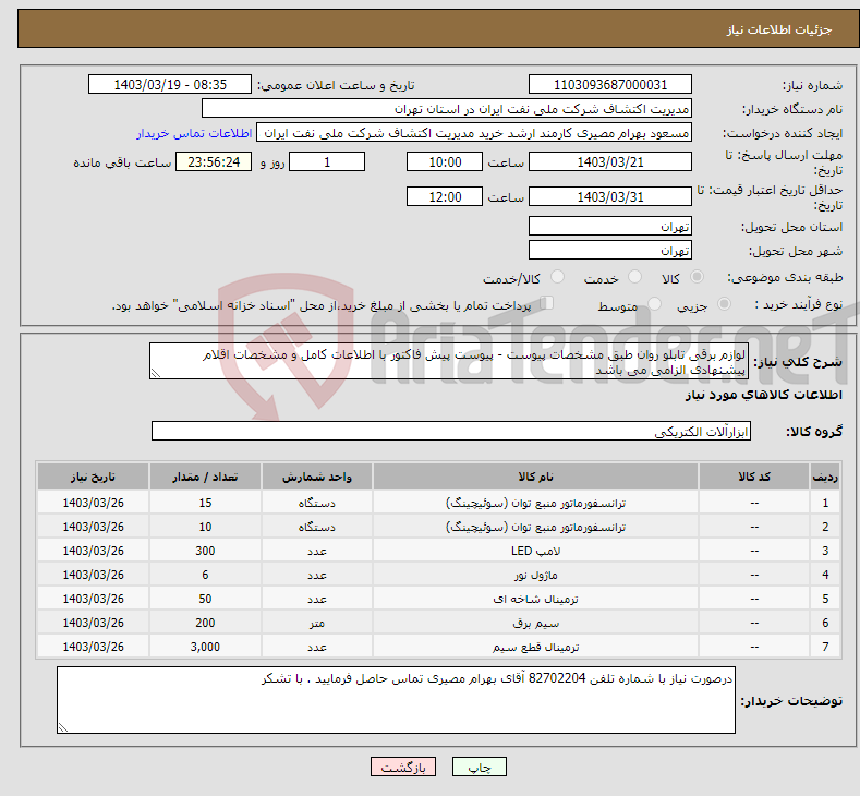 تصویر کوچک آگهی نیاز انتخاب تامین کننده-لوازم برقی تابلو روان طبق مشخصات پیوست - پیوست پیش فاکتور با اطلاعات کامل و مشخصات اقلام پیشنهادی الزامی می باشد 