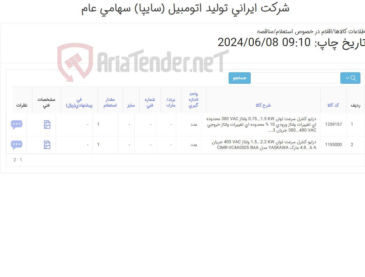 تصویر کوچک آگهی درایو ‎کنترل سرعت‏ توان/ پیشنهاد قیمت فقط با زمان بری تامین کمتر از 30 روز مورد تایید می باشد