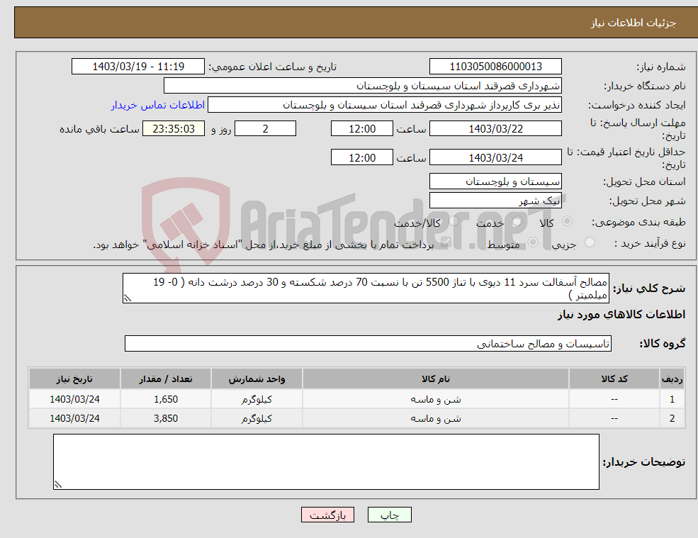 تصویر کوچک آگهی نیاز انتخاب تامین کننده-مصالح آسفالت سرد 11 دپوی با تناژ 5500 تن با نسبت 70 درصد شکسته و 30 درصد درشت دانه ( 0- 19 میلمیتر ) 