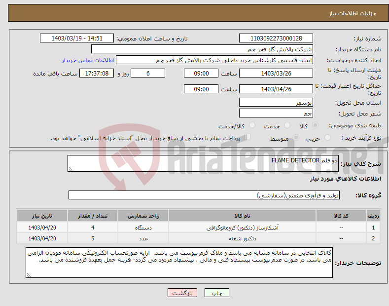 تصویر کوچک آگهی نیاز انتخاب تامین کننده-دو قلم FLAME DETECTOR