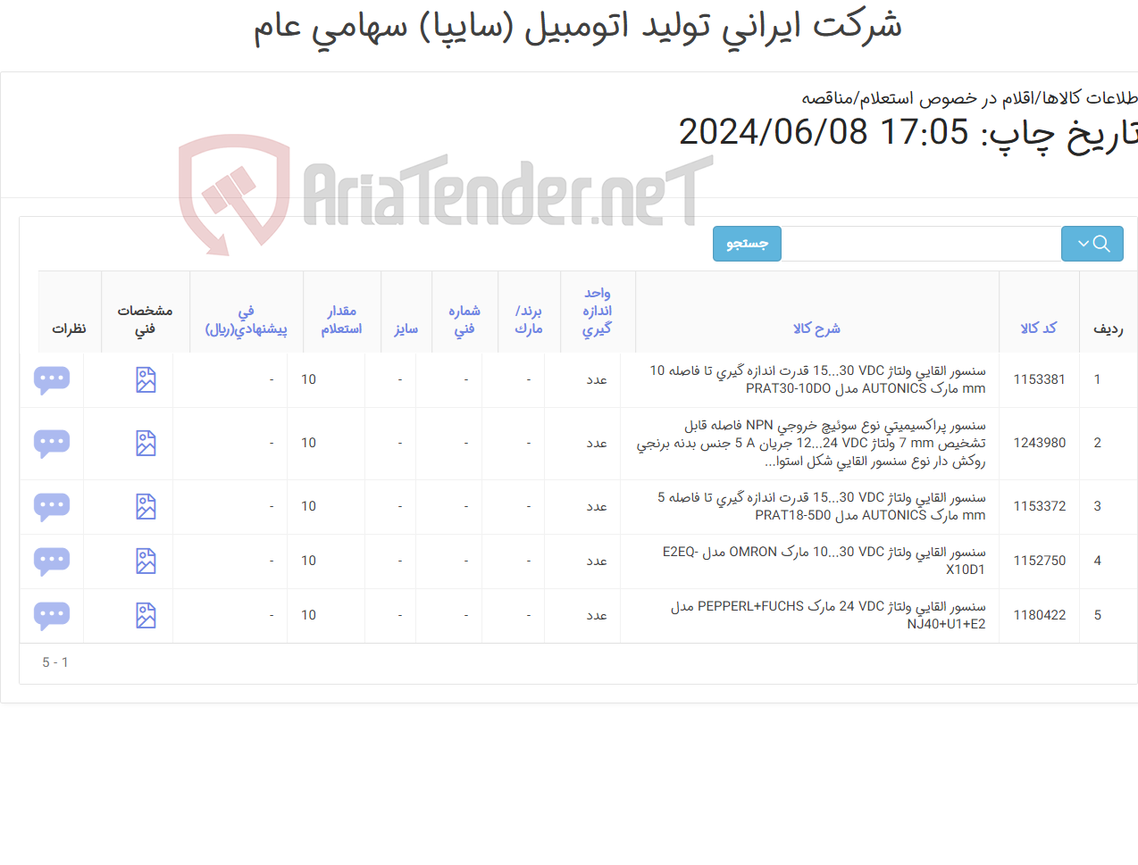 تصویر کوچک آگهی سنسور ‎القایی‏/ پیشنهاد قیمت فقط با زمان بری تامین کمتر از 30 روز مورد تایید می باشد/