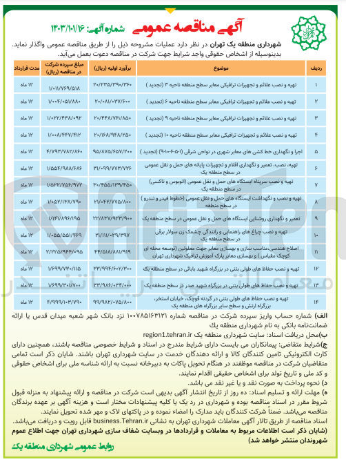 تصویر کوچک آگهی تهیه و نصب حفاظهای طولی بتنی در گردنه قوچک ،خیابان استخر ،بزرگراه ارتش و سطح سایر بزرگراه های منطقه یک 
