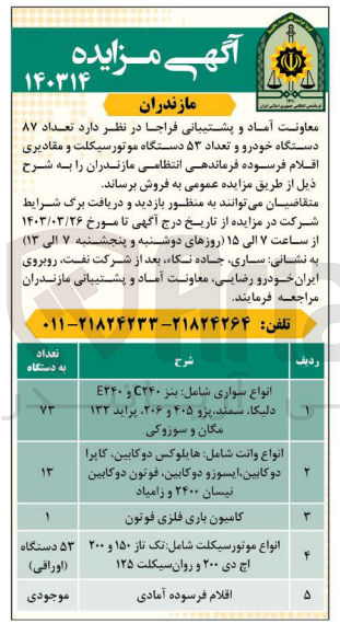 تصویر کوچک آگهی فروش تعداد ۸۷ دستگاه خودرو و تعداد ۵۳ دستگاه موتورسیکلت و مقادیری اقلام فرسوده فرماندهی انتظامی مازندران