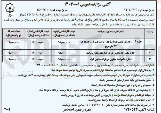 تصویر کوچک آگهی اجاره املاک کارگاهی و تجاری