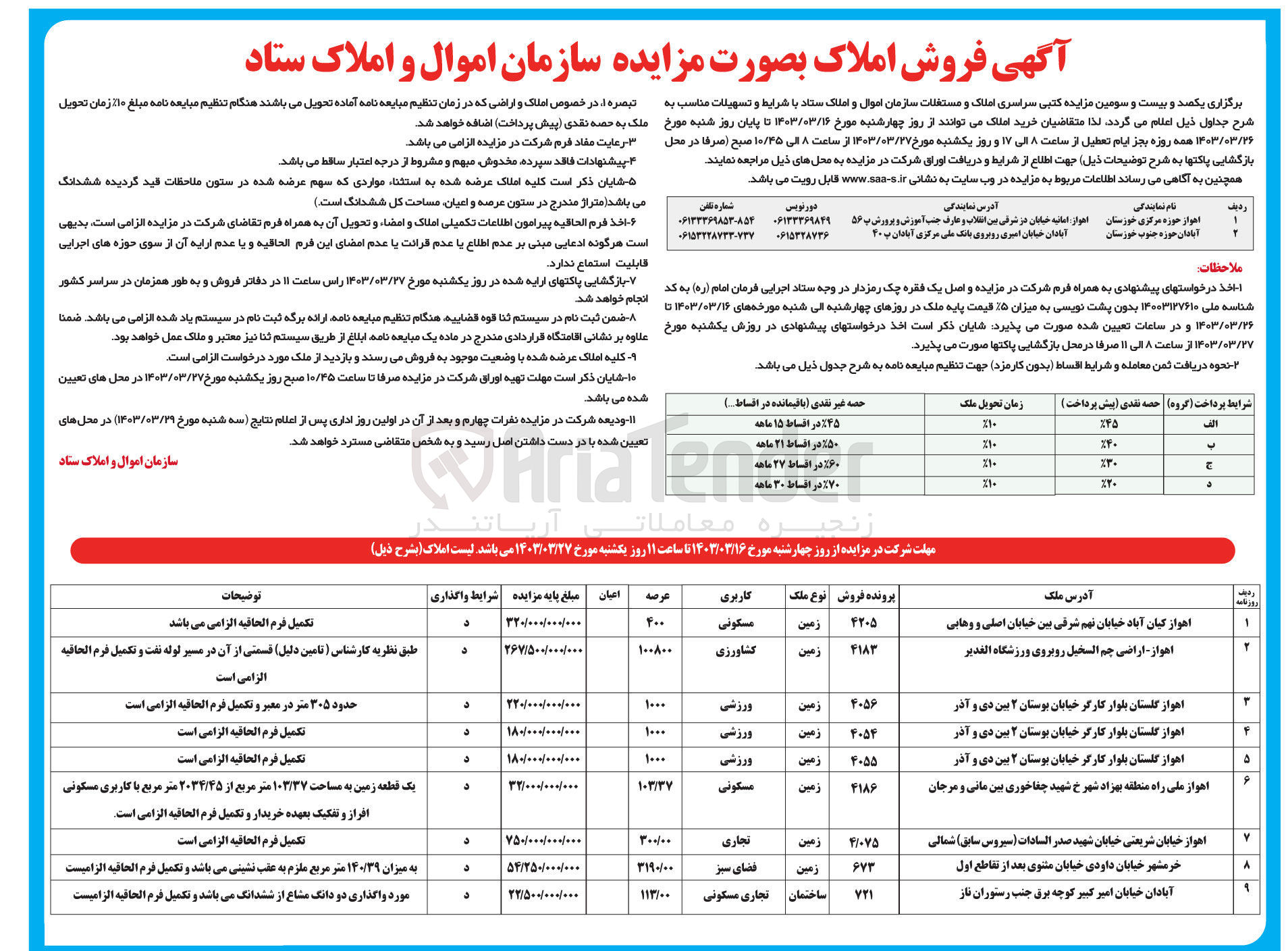 تصویر کوچک آگهی فروش املاک سازمان اموال و املاک ستاد در 9 ردیف با کاربری مسکونی، کشاورزی، ورزشی ، تجاری، فضای سبز تجاری/مسکونی