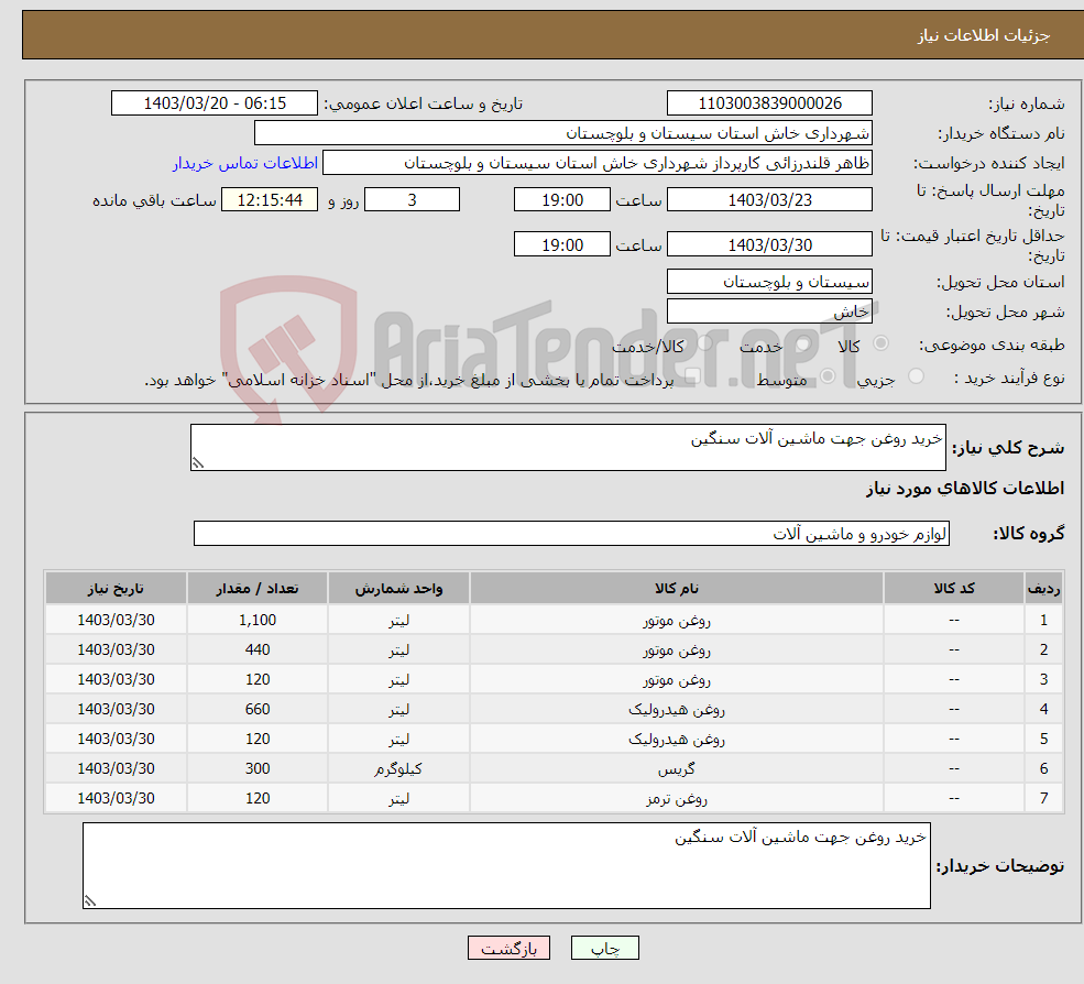 تصویر کوچک آگهی نیاز انتخاب تامین کننده-خرید روغن جهت ماشین آلات سنگین