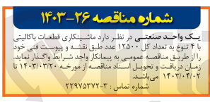 تصویر کوچک آگهی واگذاری ماشینکاری قطعات باکالیتی با ۴ تنوع به تعداد کل ۱۲۵۰۰ عدد 