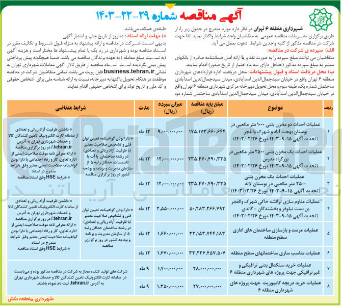 تصویر کوچک آگهی عملیات احداث مخزن بتنی 2500 مترمکعبی در بزرگراه مدرس