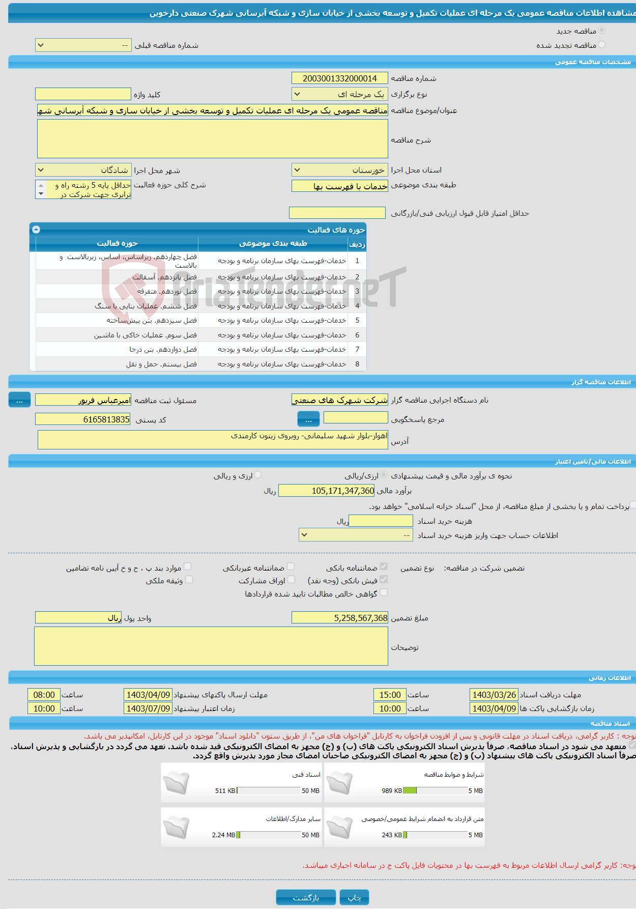 تصویر کوچک آگهی مناقصه عمومی یک مرحله ای عملیات تکمیل و توسعه بخشی از خیابان سازی و شبکه آبرسانی شهرک صنعتی دارخوین