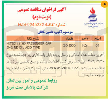 تصویر کوچک آگهی  تأمین کالای HITEC 11180 PASSENGER CAR ENGINE OIL ADDITIVE
