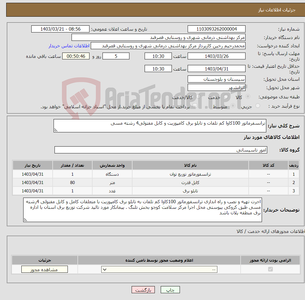 تصویر کوچک آگهی نیاز انتخاب تامین کننده-ترانسفرماتور 100کاوا کم تلفات و تابلو برق کامپوزیت و کابل مفتولی4 رشته مسی 