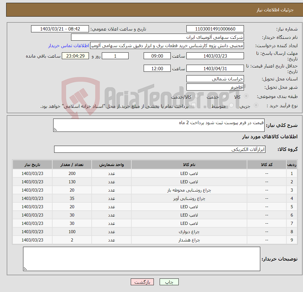 تصویر کوچک آگهی نیاز انتخاب تامین کننده-قیمت در فرم پیوست ثبت شود پرداخت 2 ماه