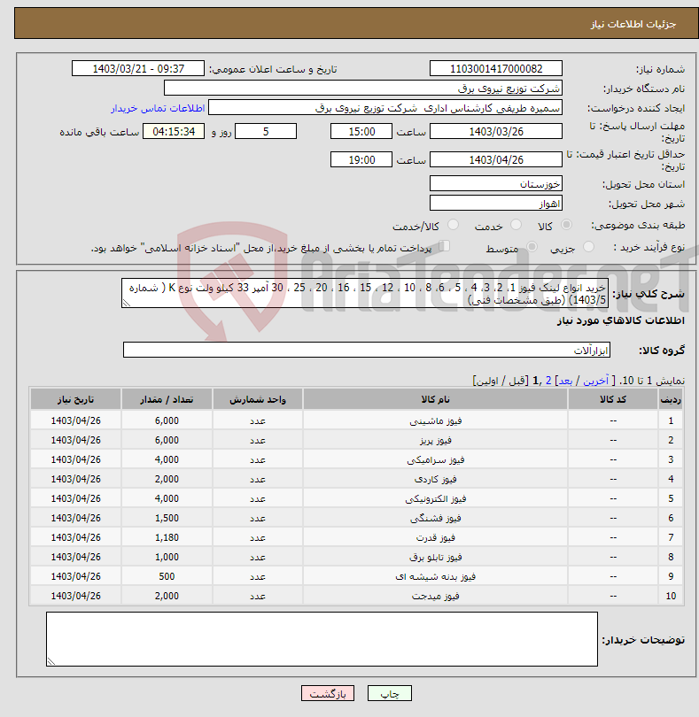 تصویر کوچک آگهی نیاز انتخاب تامین کننده-خرید انواع لینک فیوز 1، 2، 3، 4 ، 5 ، 6، 8 ، 10 ، 12 ، 15 ، 16 ، 20 ، 25 ، 30 آمپر 33 کیلو ولت نوع K ( شماره 1403/5) (طبق مشخصات فنی) 