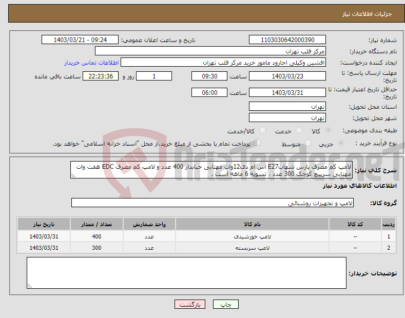 تصویر کوچک آگهی نیاز انتخاب تامین کننده-لامپ کم مصرف پارس شهابE27 اس ام دی12وات مهتابی حبابدار 400 عدد و لامپ کم مصرف EDC هفت وات مهتابی سرپیچ کوچک 300 عدد ، تسویه 6 ماهه است .