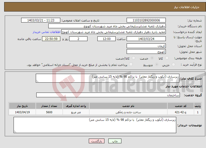 تصویر کوچک آگهی نیاز انتخاب تامین کننده-زیرسازی (آبکوب و ریگلاژ معابر) با تراکم 98 % (لایه 15 سانتی متر) 