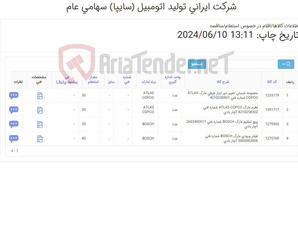 تصویر کوچک آگهی تأمین چهار ردیف مجموعه ‎شستی , پیچ ‎تنظیم‏ و ... آچار بادی