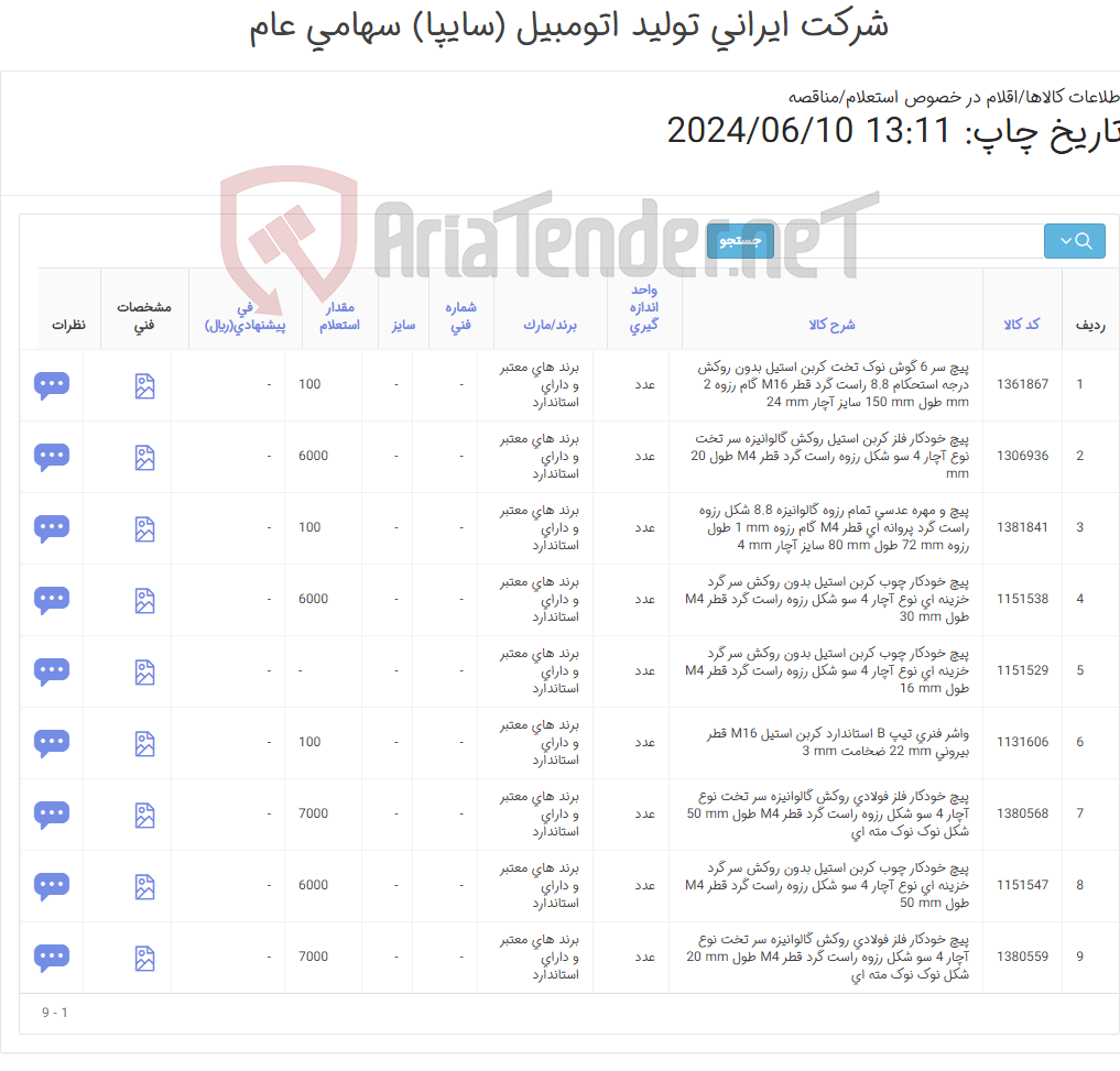 تصویر کوچک آگهی تأمین نه ردیف انواع پیچ و واشر