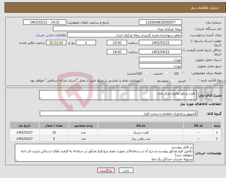 تصویر کوچک آگهی نیاز انتخاب تامین کننده- هارد و پاور ماژول مرکز داده