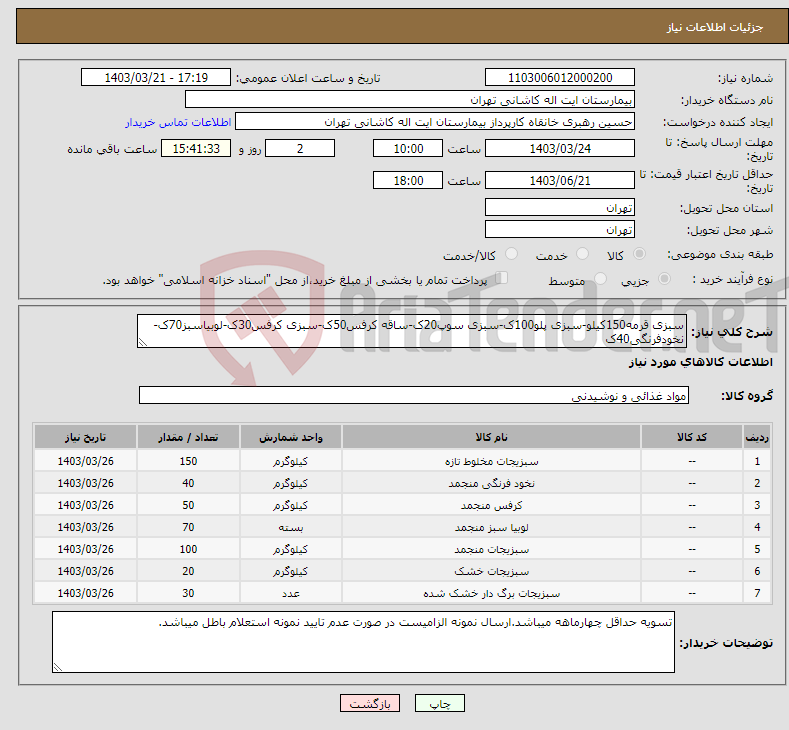 تصویر کوچک آگهی نیاز انتخاب تامین کننده-سبزی قرمه150کیلو-سبزی پلو100ک-سبزی سوپ20ک-ساقه کرفس50ک-سبزی کرفس30ک-لوبیاسبز70ک-نخودفرنگی40ک