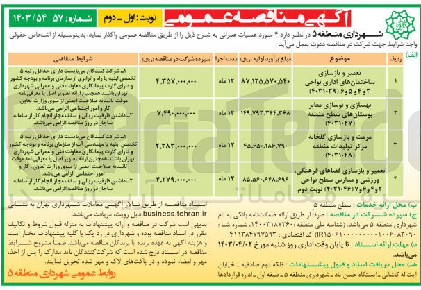 تصویر کوچک آگهی تعمیر و بازسازی ساختمانهای اداری نواحی 3 و 4 و 5 و 6