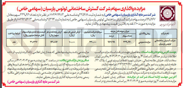 تصویر کوچک آگهی واگذاری تعداد 239،920 سهم معادل 99،967 درصد سهم شرکت گسترش ساختمانی لوتوس پارسیان 