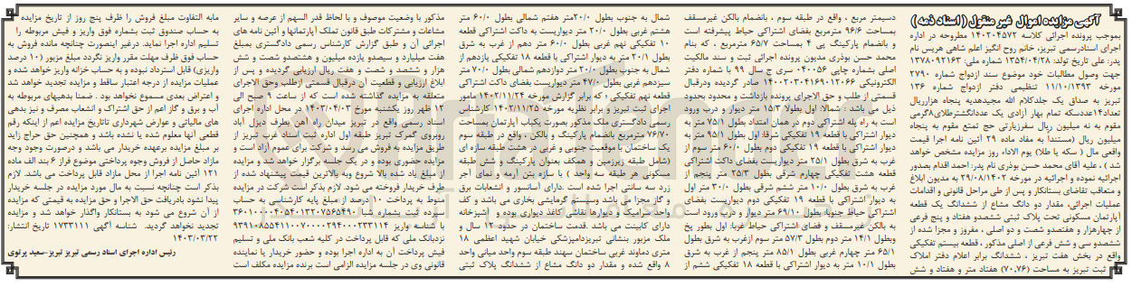 تصویر کوچک آگهی پرونده اجرایی کلاسه 140204572
فروش دو دانگ مشاع از ششدانگ یک قطعه آپارتمان مسکونی به پلاک ثبتی ششصدو هفتادو پنج 
