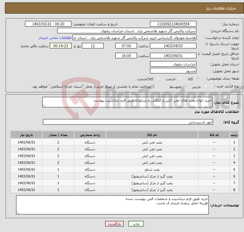 تصویر کوچک آگهی نیاز انتخاب تامین کننده-خرید انواع پمپ های لجن کش و کفکش و شناوری طبق فرم دیتاشیت پیوست