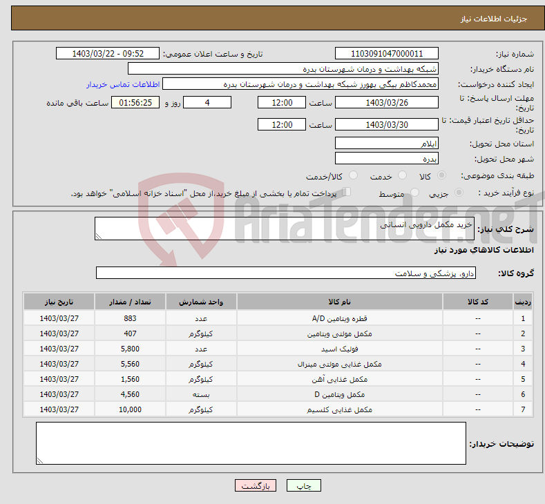 تصویر کوچک آگهی نیاز انتخاب تامین کننده-خرید مکمل دارویی انسانی 