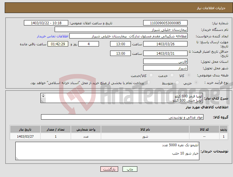 تصویر کوچک آگهی نیاز انتخاب تامین کننده-لوبیا قرمز 100 کیلو لوبیا چیتی 100 کیلو لپه آذری 100 کیلو ورمیشل 200 عدد جو پرک 60 کیلو سویا گوشتی 100 کیلو