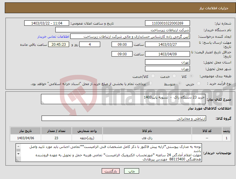 تصویر کوچک آگهی نیاز انتخاب تامین کننده-خرید 23 دستگاه راک - تسویه پاییز1403
