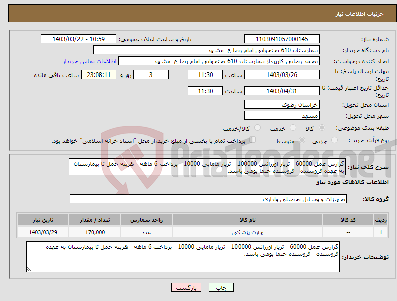 تصویر کوچک آگهی نیاز انتخاب تامین کننده-گزارش عمل 60000 - تریاژ اورژانس 100000 - تریاژ مامایی 10000 - پرداخت 6 ماهه - هزینه حمل تا بیمارستان به عهده فروشنده - فروشنده حتما بومی باشد.