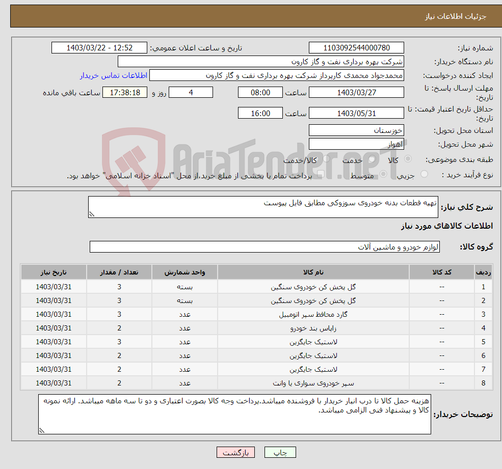 تصویر کوچک آگهی نیاز انتخاب تامین کننده-تهیه قطعات بدنه خودروی سوزوکی مطابق فایل پیوست