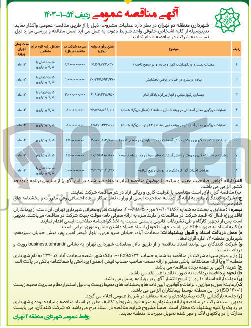 تصویر کوچک آگهی عملیات درزگیری معابر آسفالتی در پهنه شمالی منطقه 2 (شمال بزرگراه همت)