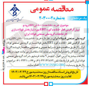 تصویر کوچک آگهی خرید 880 عدد (800 تن) الکترودو نیپل گرافیتی قطر 550 م م کوره EBT مورد نیاز